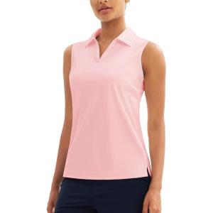 imageMAGCOMSEN Womens Sleeveless Golf Polo Shirts Collared Tank Tops UPF 50 VNeck Quick Dry Workout Athletic Tennis TopsLight Pink