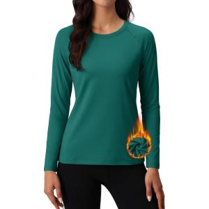 imageMAGCOMSEN Womens Thermal Shirts Fleece Pullover Long Sleeve Undershirt Tops Warm Workout Winter Base LayerEmerald Green