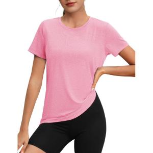 imageMAGCOMSEN Womens Tops Short Sleeve Workout Shirts UPF 50 Quick Dry Athletic Running Swim Rash GuardPink