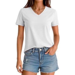 imageMAGCOMSEN Womens V Neck Tops Summer UPF 50 Short Sleeve Shirts Basic Tees Casual Soft T Shirts 2025 Trendy ClothesWhite