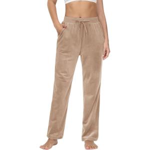 imageMAGCOMSEN Womens Velour Pants Soft Velvet Straight Leg Sweatpants Elastic Waist Warm Lounge Pant with PocketsLight Brown