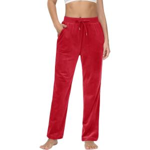 imageMAGCOMSEN Womens Velour Pants Soft Velvet Straight Leg Sweatpants Elastic Waist Warm Lounge Pant with PocketsTomato