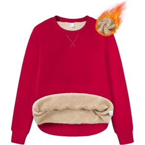 imageMAGCOMSEN Womens Winter Sweatshirts Sherpa Lined Crewneck Fleece Pullover Warm Casual Heavyweight Long Sleeve TopsTomato Red