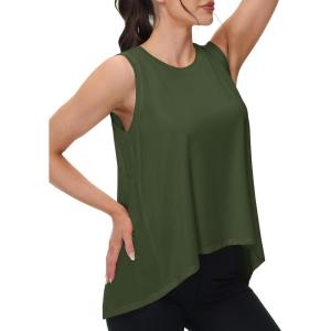 imageMAGCOMSEN Womens Workout Tank Tops Loose Fit Gym Yoga Sleeveless Shirts Athletic Running Tops FlowyArmygreen