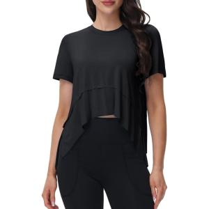imageMAGCOMSEN Workout Top for Women Short Sleeve Athletic Yoga Crop Shirts Flowy Side Slit Loose Fit Tee Gym YogaBlack