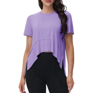 imageMAGCOMSEN Workout Top for Women Short Sleeve Athletic Yoga Crop Shirts Flowy Side Slit Loose Fit Tee Gym YogaTaro Purple
