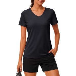 imageMAGCOMSEN Workout Tops for Women UPF 80 VNeck Short Sleeve Tee Shirt Quick Dry T Shirts Gym Athletic Yoga TopBlack