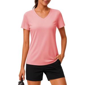 imageMAGCOMSEN Workout Tops for Women UPF 80 VNeck Short Sleeve Tee Shirt Quick Dry T Shirts Gym Athletic Yoga TopPink