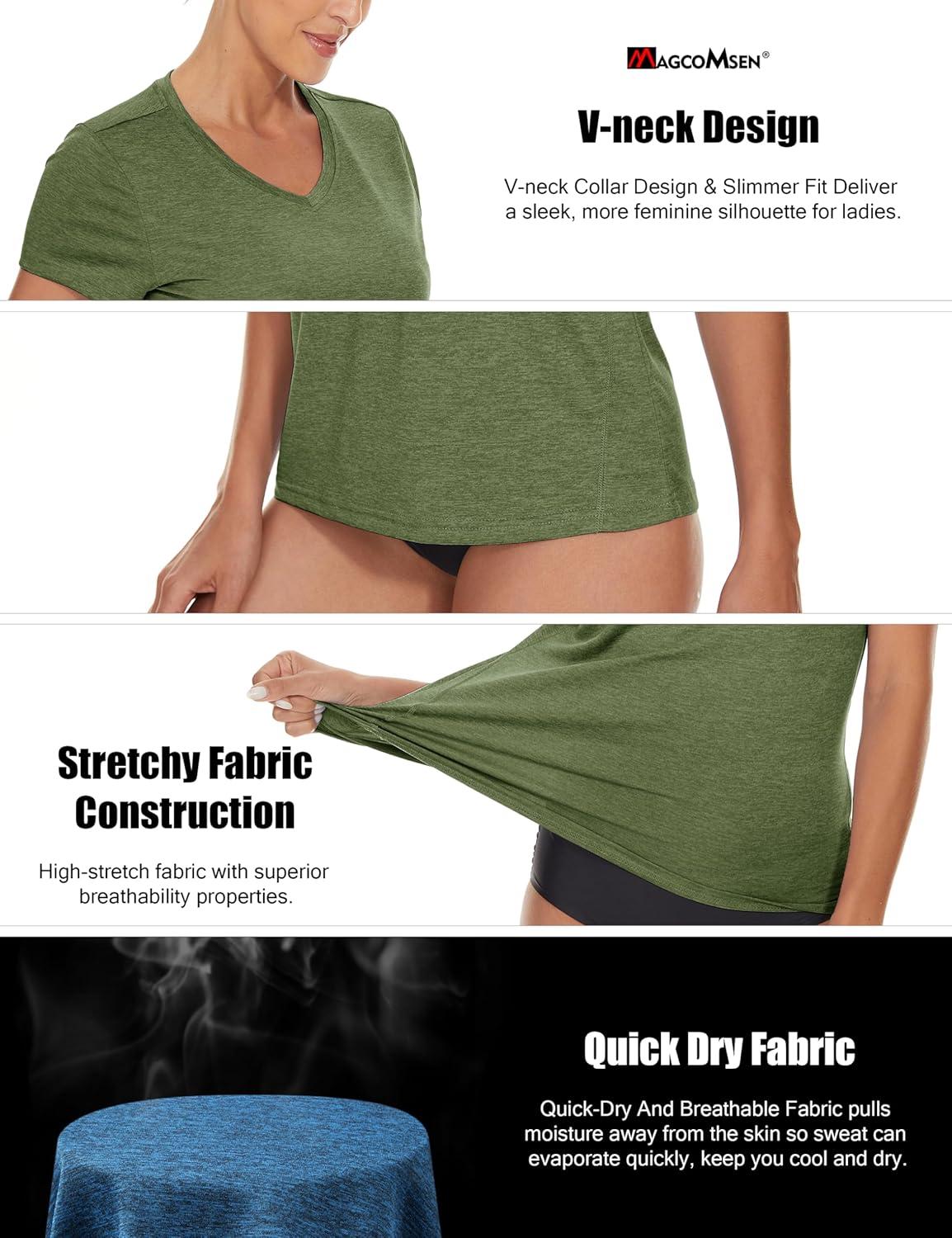 imageMAGCOMSEN 2 Pack Womens Short Sleeve Tees Moisture Wicking Shirts Summer V Neck Running TopsBlackAgreen