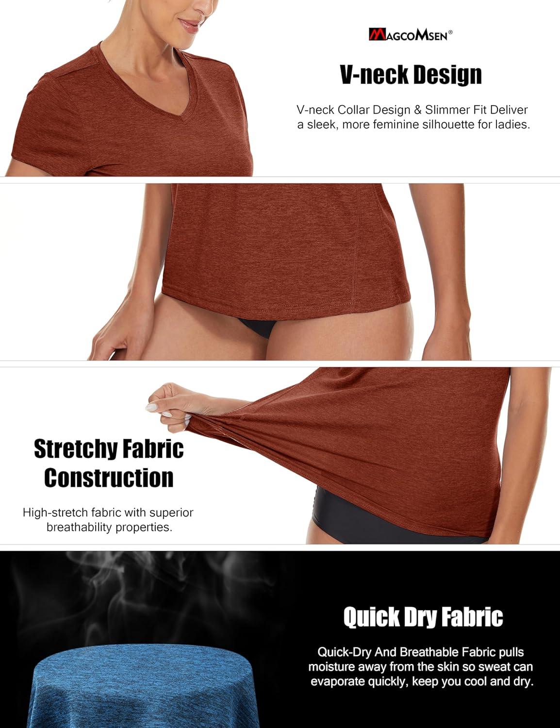 imageMAGCOMSEN 2 Pack Womens Short Sleeve Tees Moisture Wicking Shirts Summer V Neck Running TopsBlackDorange