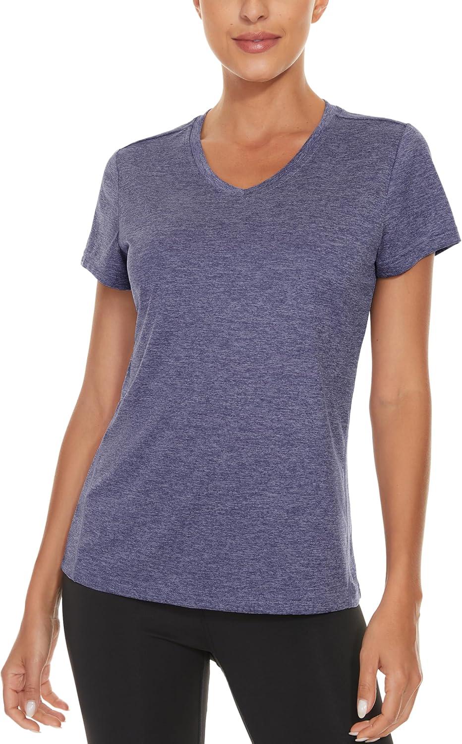 imageMAGCOMSEN 2 Pack Womens Short Sleeve Tees Moisture Wicking Shirts Summer V Neck Running TopsBlackViolet