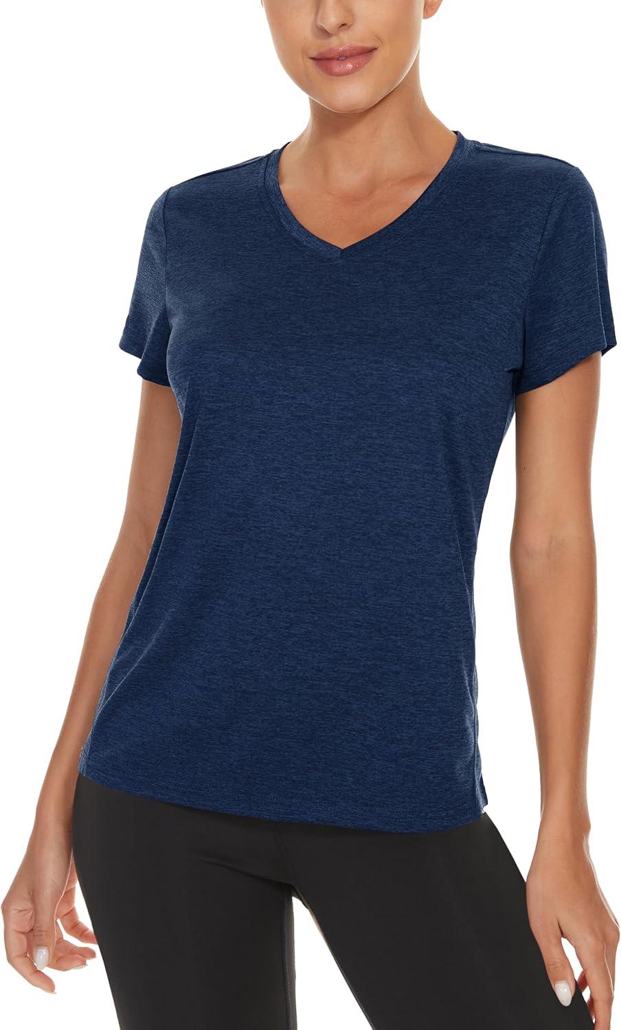 imageMAGCOMSEN 2 Pack Womens Short Sleeve Tees Moisture Wicking Shirts Summer V Neck Running TopsDbluePink