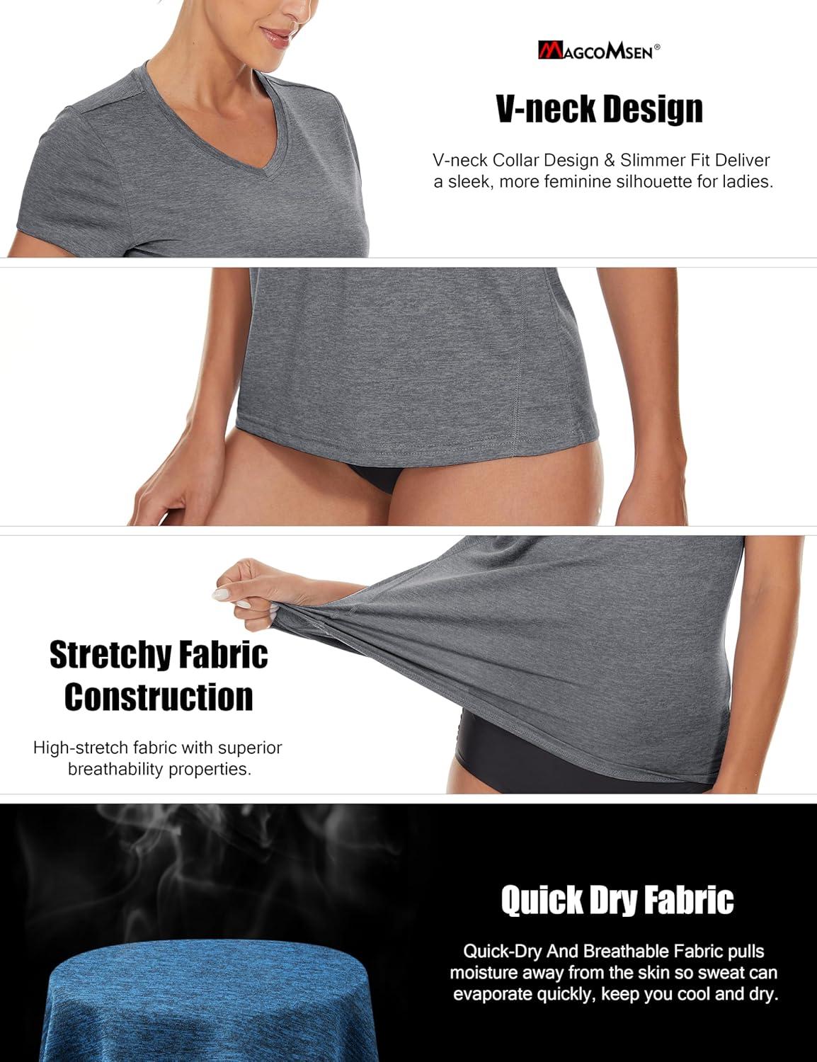 imageMAGCOMSEN 2 Pack Womens Short Sleeve Tees Moisture Wicking Shirts Summer V Neck Running TopsDgryPink