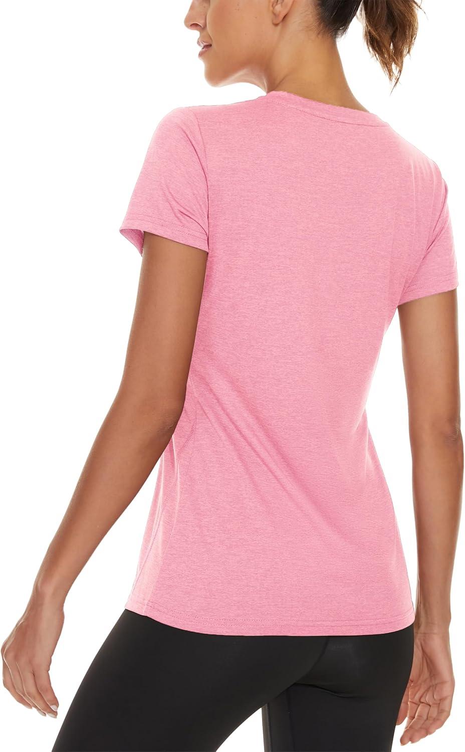 imageMAGCOMSEN 2 Pack Womens Short Sleeve Tees Moisture Wicking Shirts Summer V Neck Running TopsLgyPink