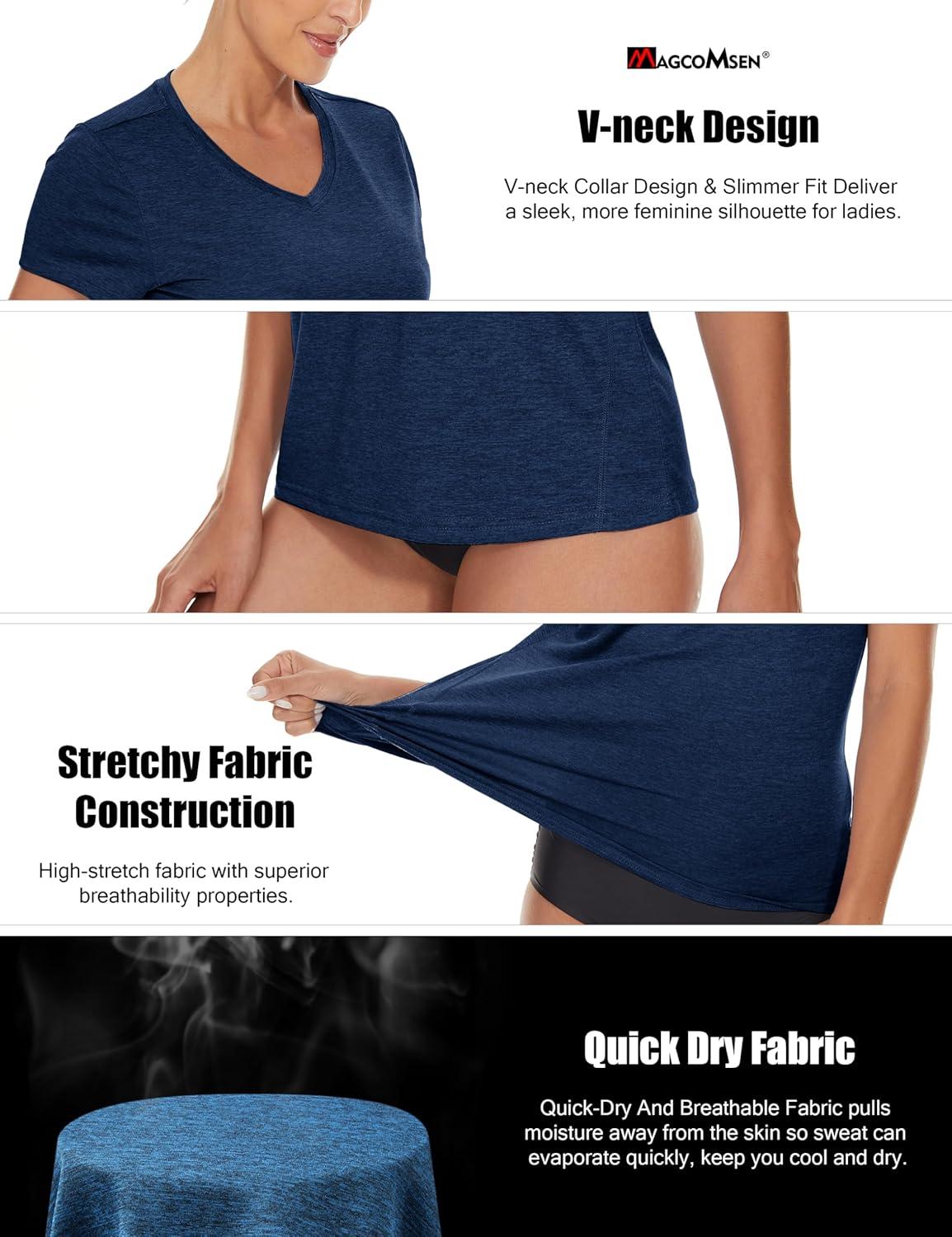 imageMAGCOMSEN 2 Pack Womens Short Sleeve Tees Moisture Wicking Shirts Summer V Neck Running TopsPblueDblue