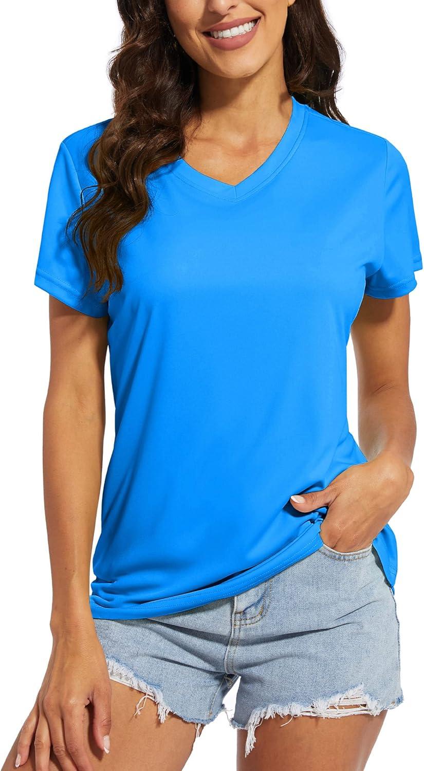 imageMAGCOMSEN 2 Pack Womens T Shirts VNeck Short Sleeve UPF 50 Sun Protection Workout Quick Dry Shirts Tee TopsBlackAzure