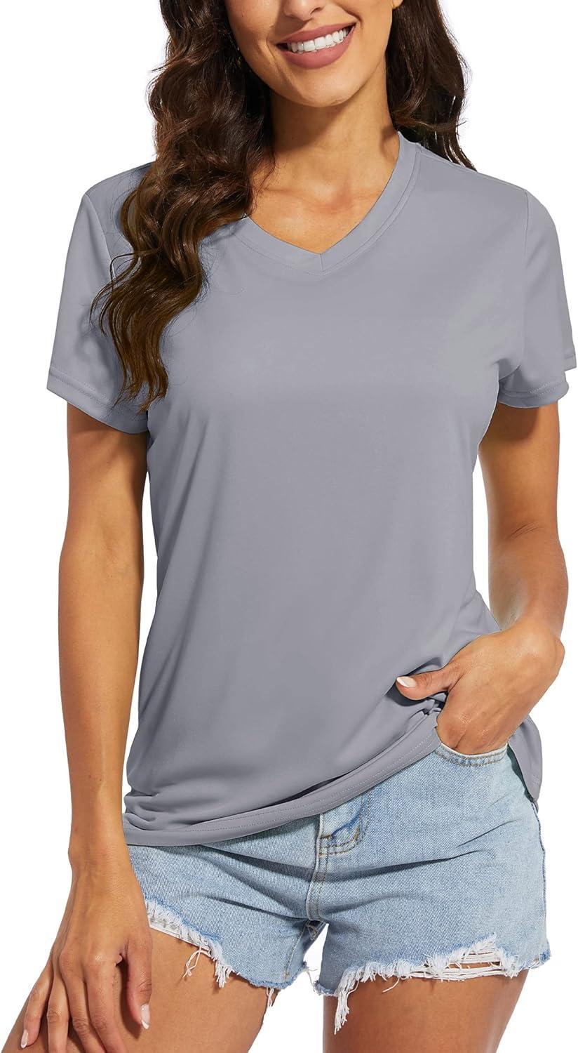 imageMAGCOMSEN 2 Pack Womens T Shirts VNeck Short Sleeve UPF 50 Sun Protection Workout Quick Dry Shirts Tee TopsBlackLight Gray
