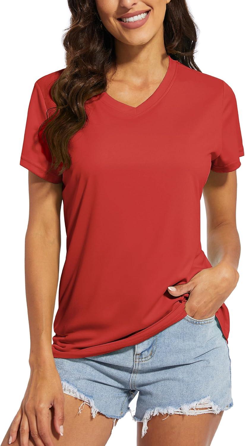 imageMAGCOMSEN 2 Pack Womens T Shirts VNeck Short Sleeve UPF 50 Sun Protection Workout Quick Dry Shirts Tee TopsBlackTomato Red
