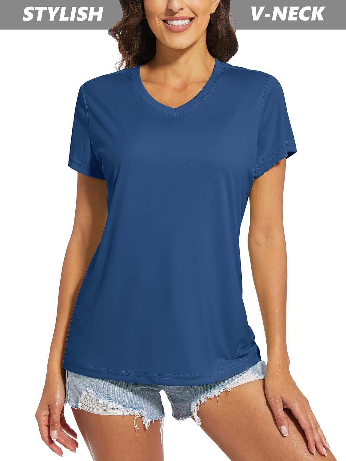 imageMAGCOMSEN 2 Pack Womens T Shirts VNeck Short Sleeve UPF 50 Sun Protection Workout Quick Dry Shirts Tee TopsBlue GreyLight Blue
