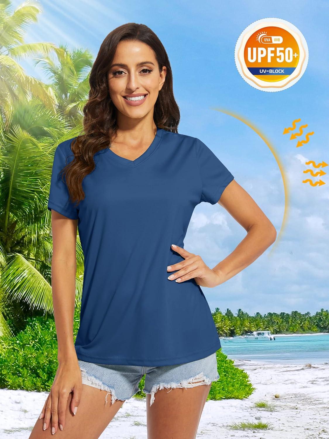 imageMAGCOMSEN 2 Pack Womens T Shirts VNeck Short Sleeve UPF 50 Sun Protection Workout Quick Dry Shirts Tee TopsBlue GreyLight Blue