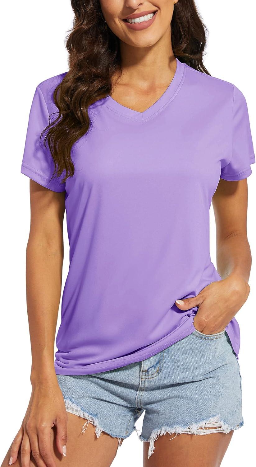 imageMAGCOMSEN 2 Pack Womens T Shirts VNeck Short Sleeve UPF 50 Sun Protection Workout Quick Dry Shirts Tee TopsBlue GreyLight Purple