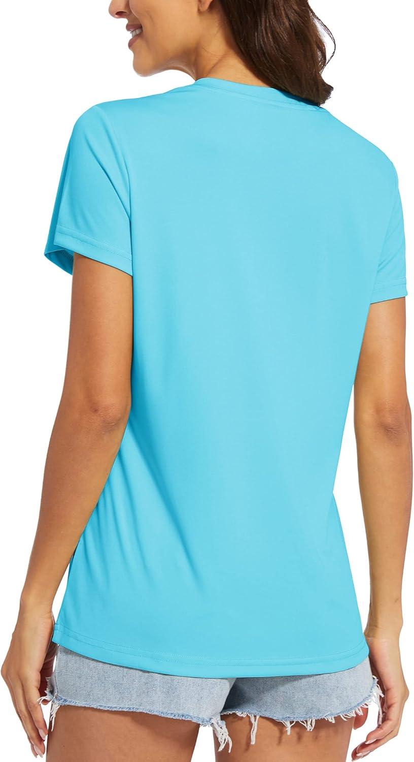 imageMAGCOMSEN 2 Pack Womens T Shirts VNeck Short Sleeve UPF 50 Sun Protection Workout Quick Dry Shirts Tee TopsIce BlueOrange