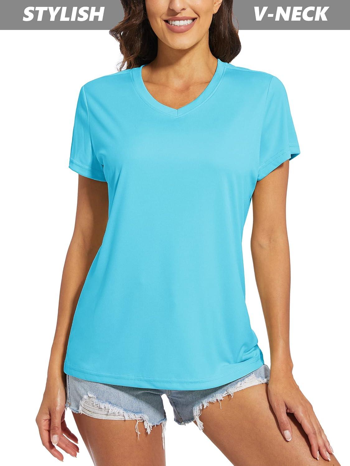 imageMAGCOMSEN 2 Pack Womens T Shirts VNeck Short Sleeve UPF 50 Sun Protection Workout Quick Dry Shirts Tee TopsIce BlueOrange