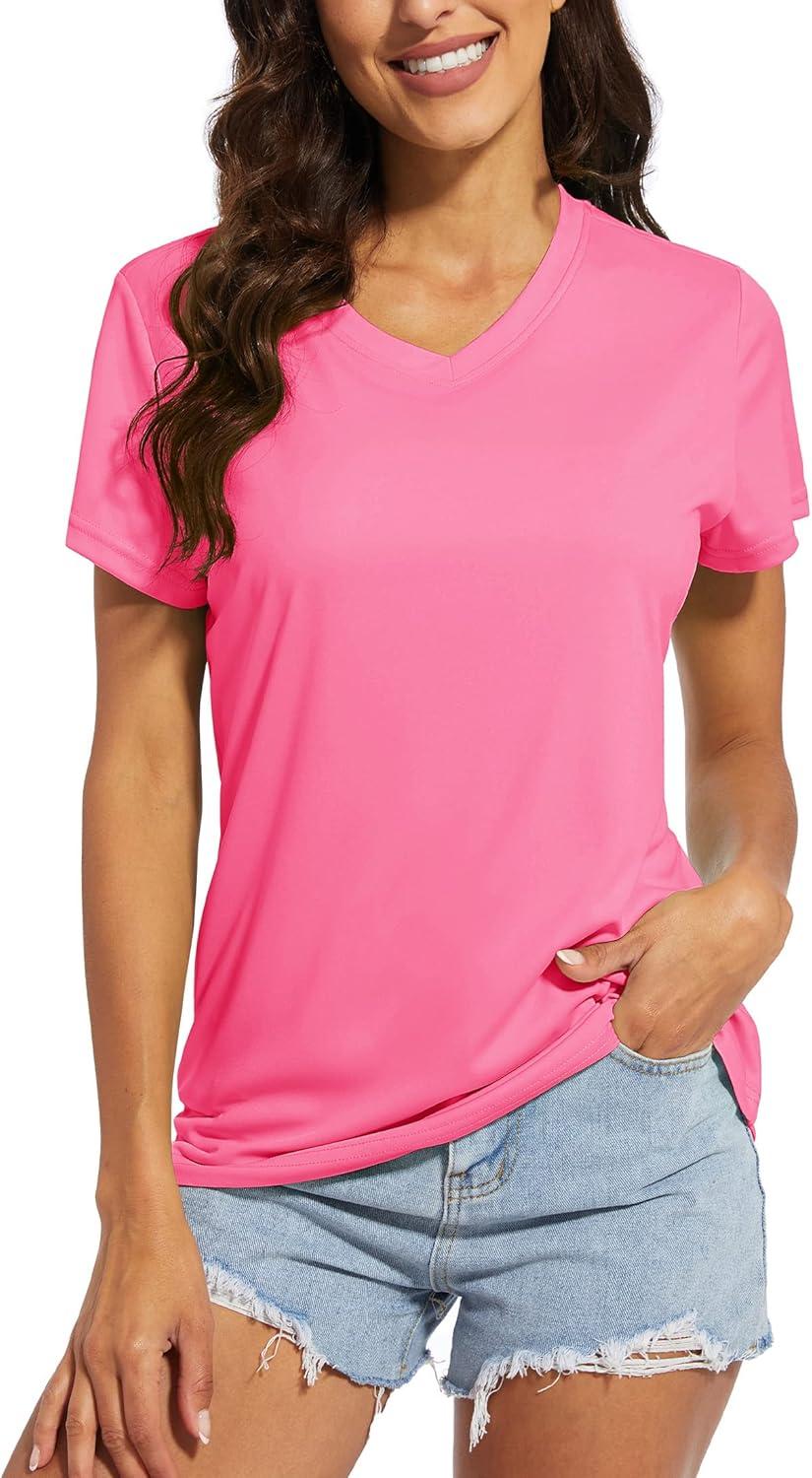 imageMAGCOMSEN 2 Pack Womens T Shirts VNeck Short Sleeve UPF 50 Sun Protection Workout Quick Dry Shirts Tee TopsLight PinkRose