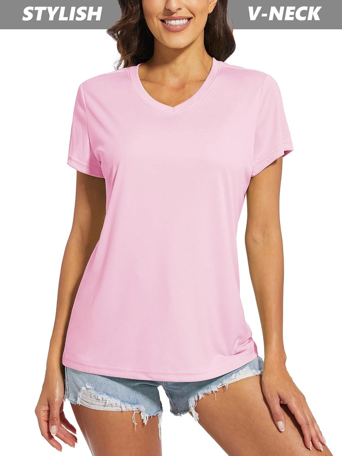 imageMAGCOMSEN 2 Pack Womens T Shirts VNeck Short Sleeve UPF 50 Sun Protection Workout Quick Dry Shirts Tee TopsLight PinkRose