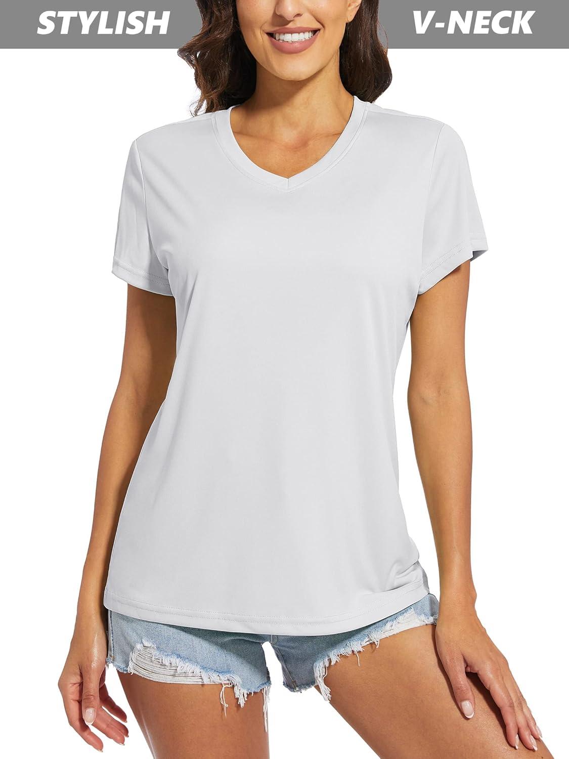 imageMAGCOMSEN 2 Pack Womens T Shirts VNeck Short Sleeve UPF 50 Sun Protection Workout Quick Dry Shirts Tee TopsWhiteBlack
