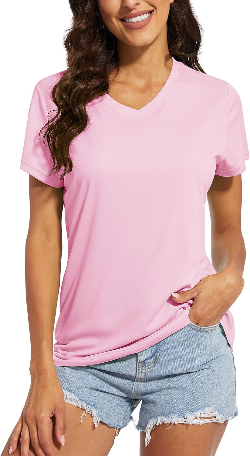 imageMAGCOMSEN 2 Pack Womens T Shirts VNeck Short Sleeve UPF 50 Sun Protection Workout Quick Dry Shirts Tee TopsWhiteLight Pink