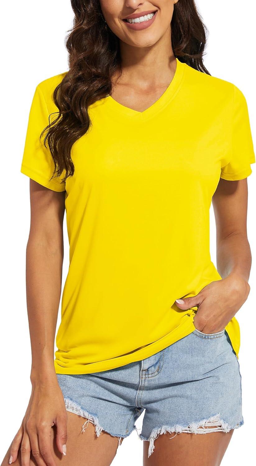 imageMAGCOMSEN 2 Pack Womens T Shirts VNeck Short Sleeve UPF 50 Sun Protection Workout Quick Dry Shirts Tee TopsWhiteYellow