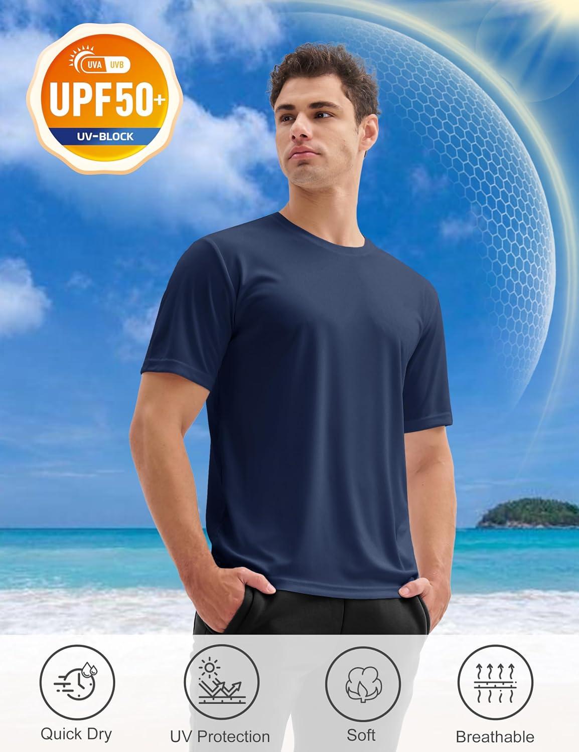 imageMAGCOMSEN 3 Pack Mens Short Sleeve Quick Dry Shirts Moisture Wicking UPF 50 Athletic Running Gym Workout Swim TShirtsBlackLight GreyNavy