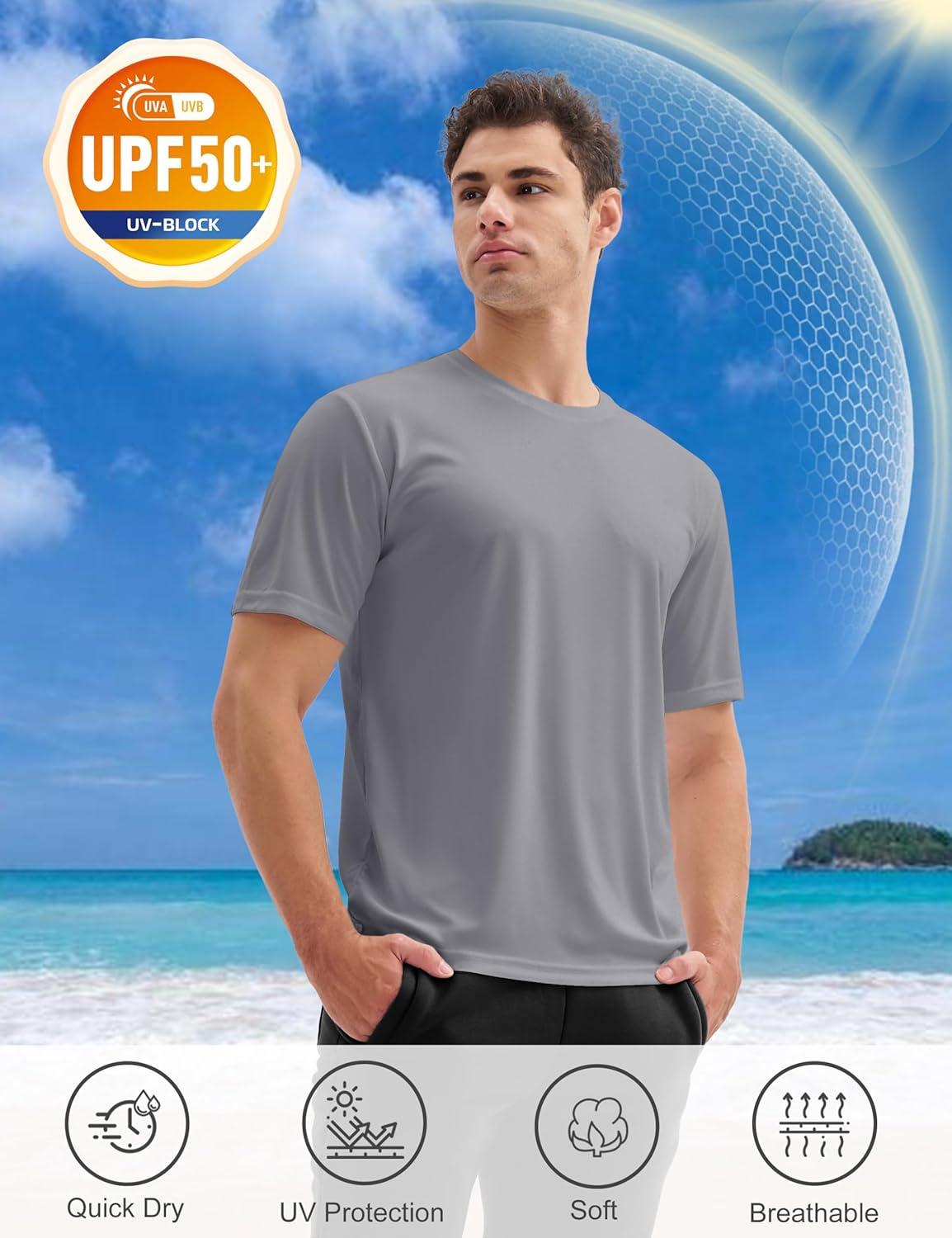 imageMAGCOMSEN 3 Pack Mens Short Sleeve Quick Dry Shirts Moisture Wicking UPF 50 Athletic Running Gym Workout Swim TShirtsBlackLight GreyWhite