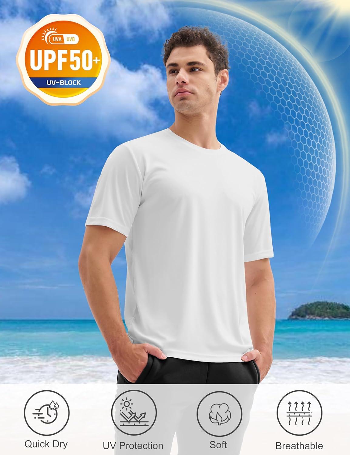 imageMAGCOMSEN 3 Pack Mens Short Sleeve Quick Dry Shirts Moisture Wicking UPF 50 Athletic Running Gym Workout Swim TShirtsWhiteFlgreenSky Blue