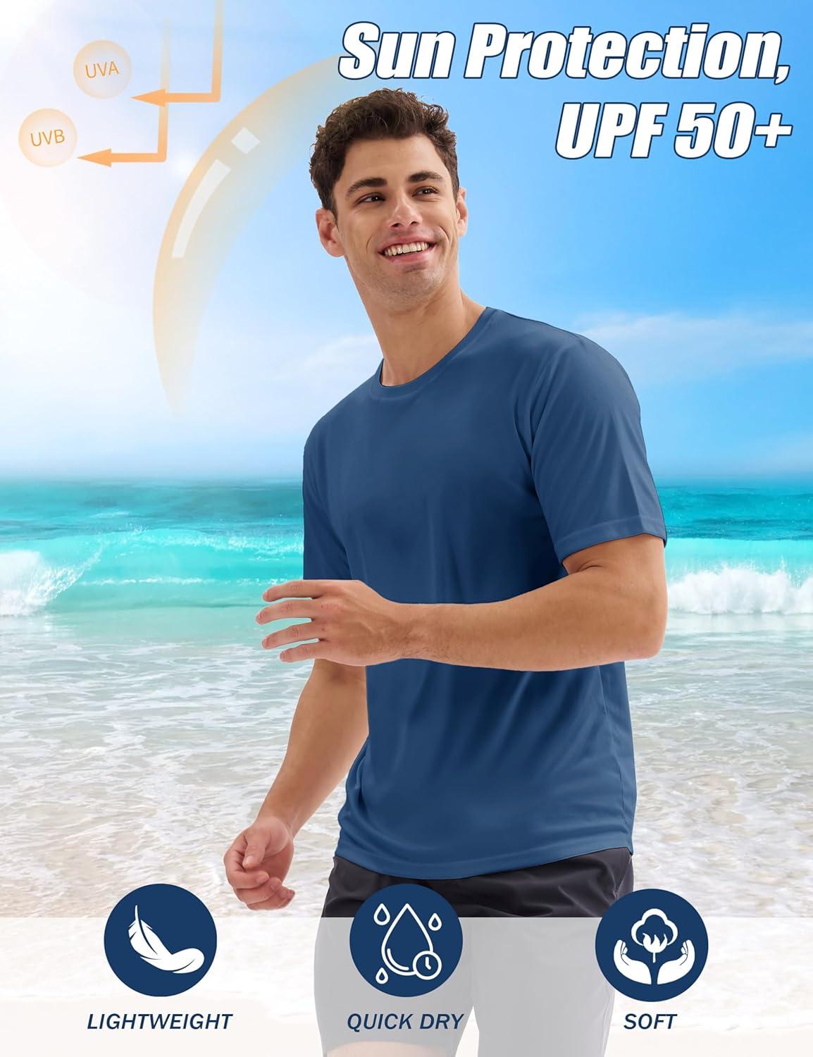 imageMAGCOMSEN 5 Pack Mens Short Sleeve UPF 50 Shirts Dry Fit Athletic Rash Guard Workout Running Swim Gym Performance TshirtsBlackBlue GreyNavyWhiteLight Grey