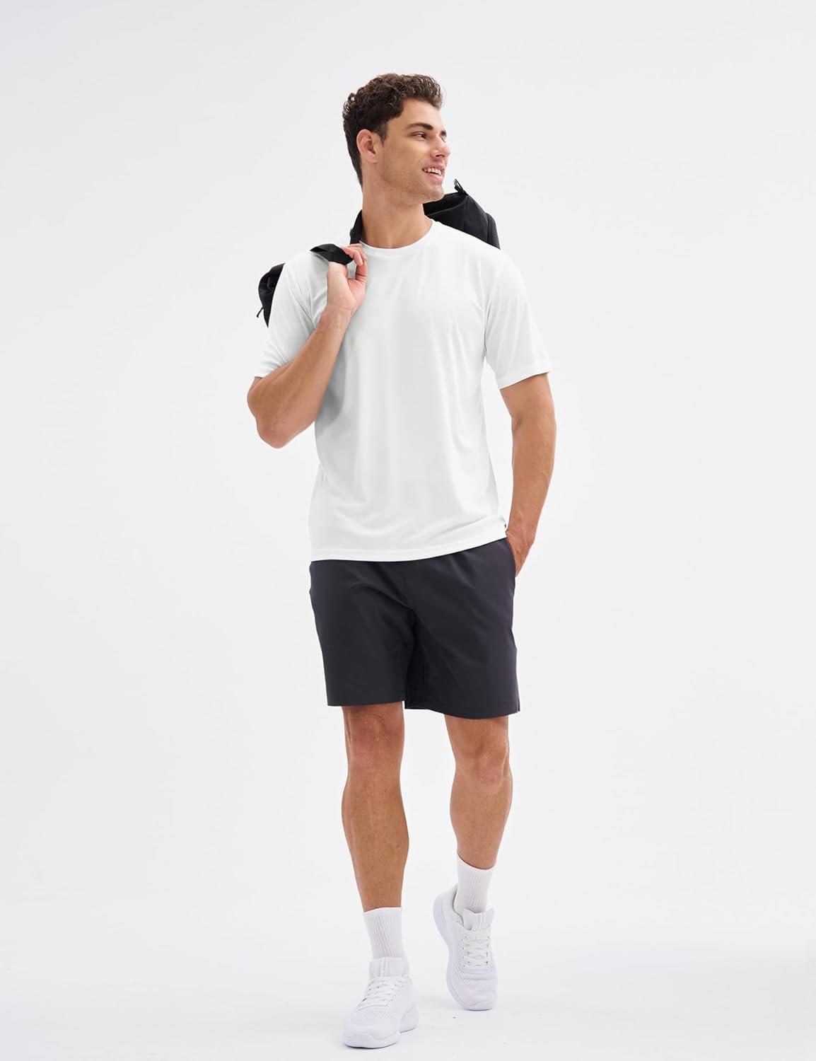 imageMAGCOMSEN 5 Pack Mens Short Sleeve UPF 50 Shirts Dry Fit Athletic Rash Guard Workout Running Swim Gym Performance TshirtsBlackDark GreyWhiteFluorescent GreenSky Blue