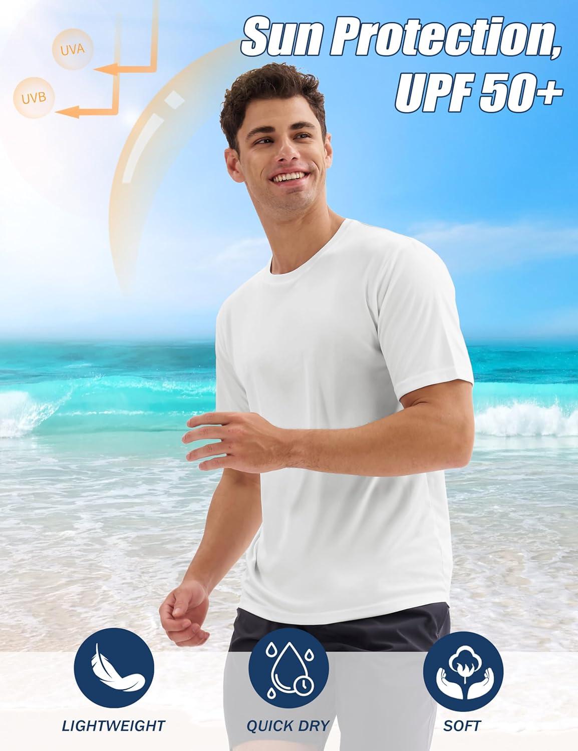 imageMAGCOMSEN 5 Pack Mens Short Sleeve UPF 50 Shirts Dry Fit Athletic Rash Guard Workout Running Swim Gym Performance TshirtsBlackDark GreyWhiteFluorescent GreenSky Blue