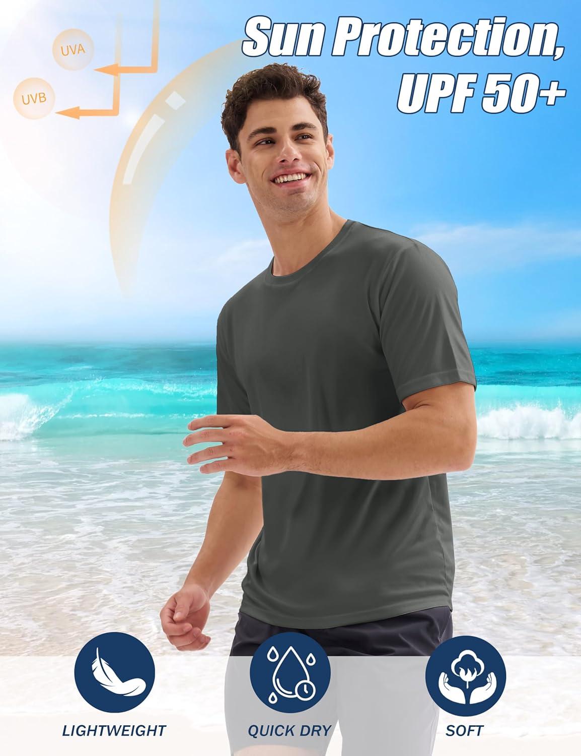 imageMAGCOMSEN 5 Pack Mens Short Sleeve UPF 50 Shirts Dry Fit Athletic Rash Guard Workout Running Swim Gym Performance TshirtsBlackDark GreyWhiteNavyLight Grey