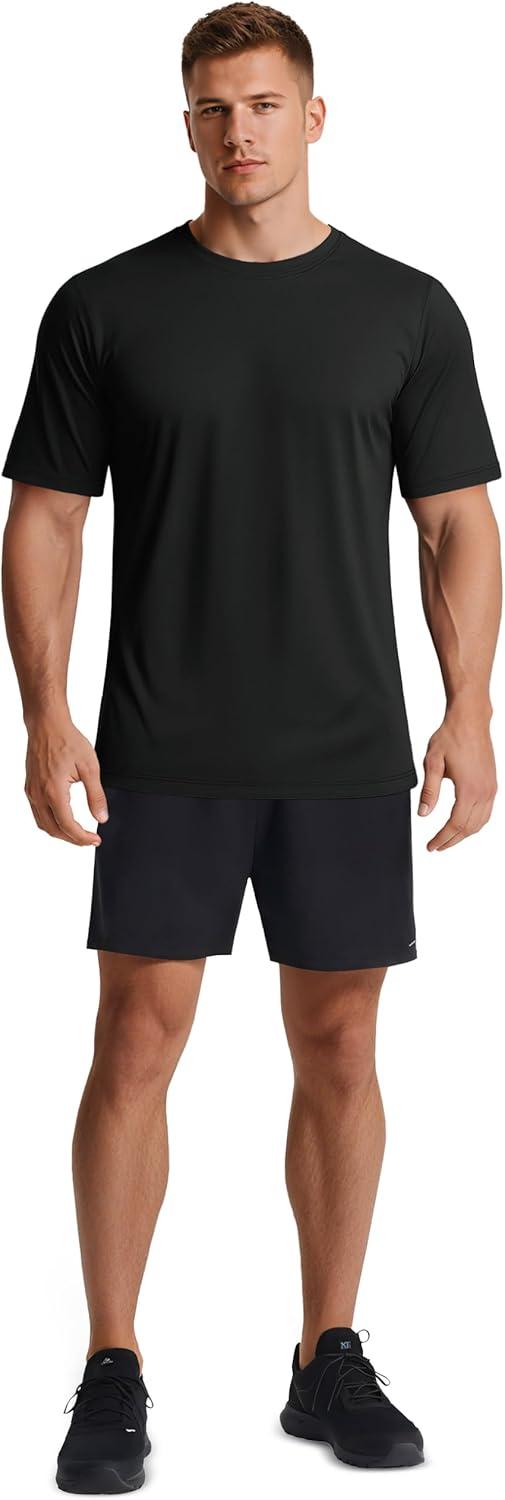 imageMAGCOMSEN 5 Pack Mens Short Sleeve UPF 50 Shirts Dry Fit Athletic Rash Guard Workout Running Swim Gym Performance TshirtsBlackNavyWhiteFluorescent GreenSky Blue