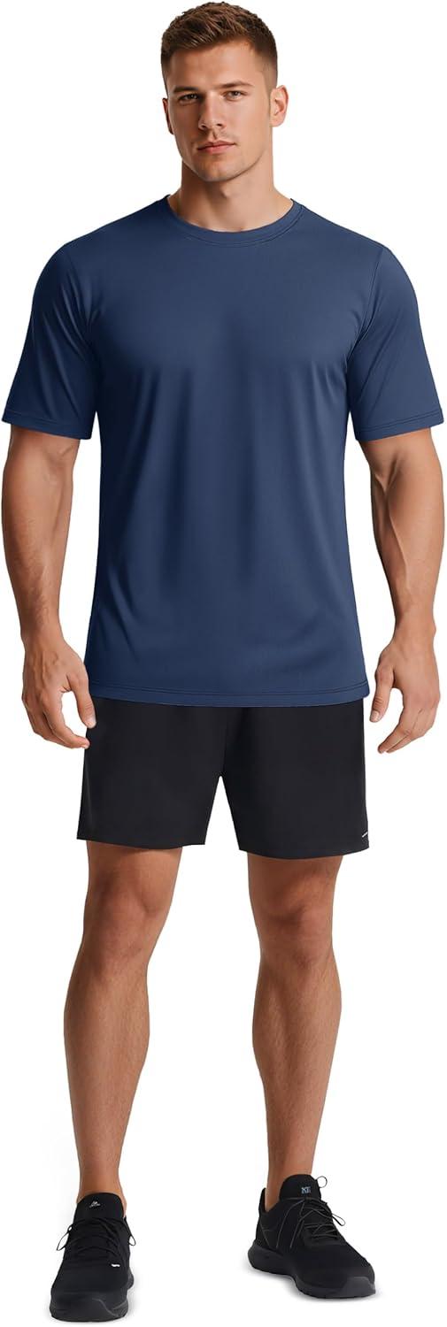 imageMAGCOMSEN 5 Pack Mens Short Sleeve UPF 50 Shirts Dry Fit Athletic Rash Guard Workout Running Swim Gym Performance TshirtsBlackNavyWhiteFluorescent GreenOrange