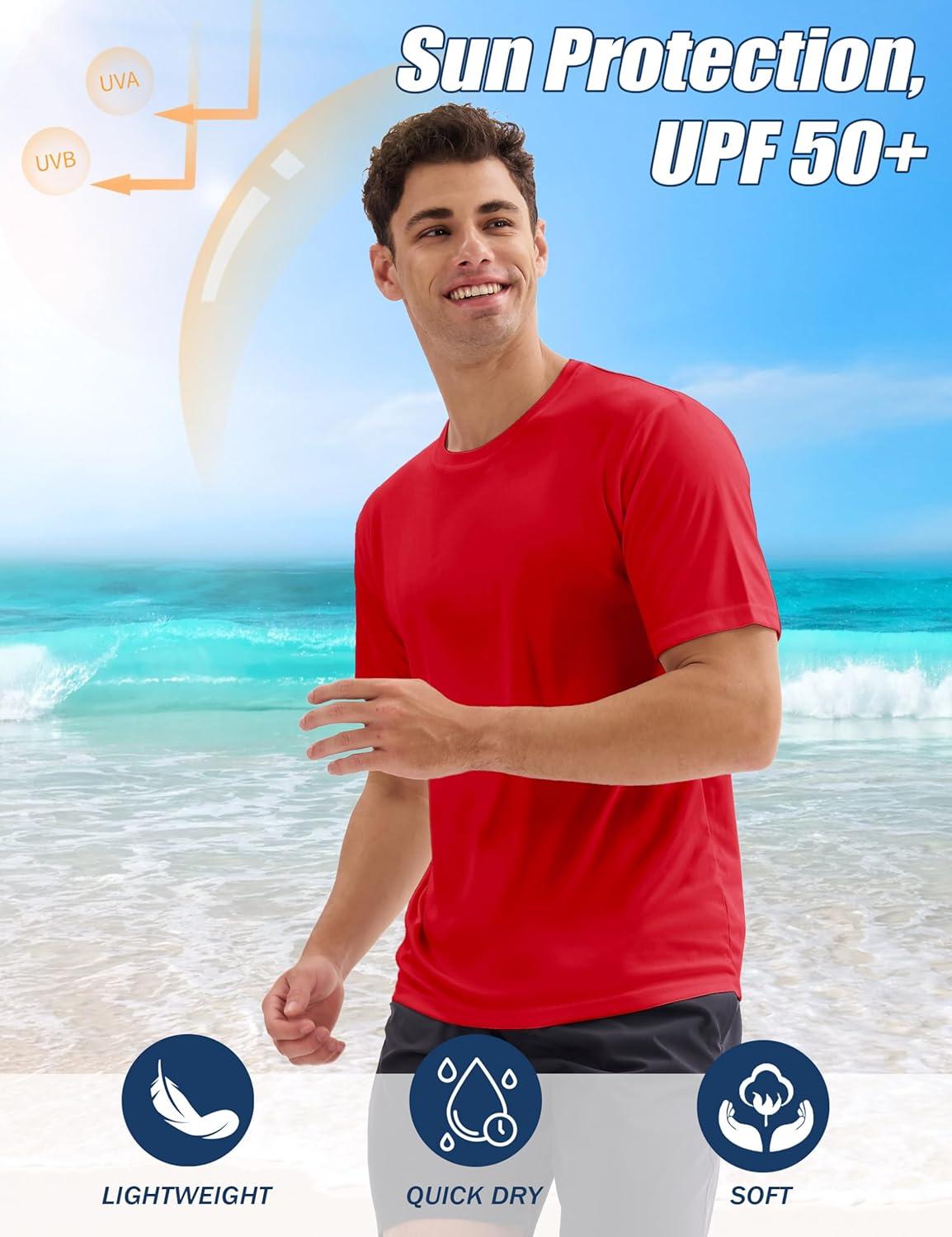 imageMAGCOMSEN 5 Pack Mens Short Sleeve UPF 50 Shirts Dry Fit Athletic Rash Guard Workout Running Swim Gym Performance TshirtsTomatoBlackNavyLight GreySky Blue