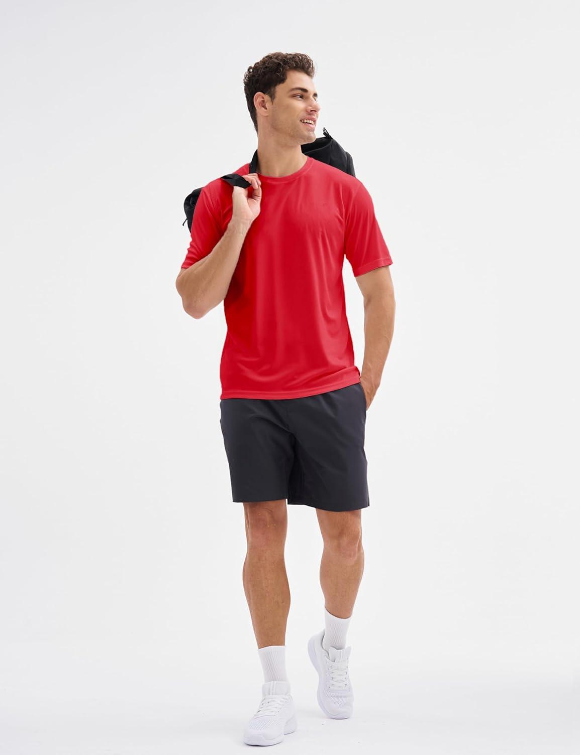 imageMAGCOMSEN 5 Pack Mens Short Sleeve UPF 50 Shirts Dry Fit Athletic Rash Guard Workout Running Swim Gym Performance TshirtsTomatoBlackNavyLight GreySky Blue