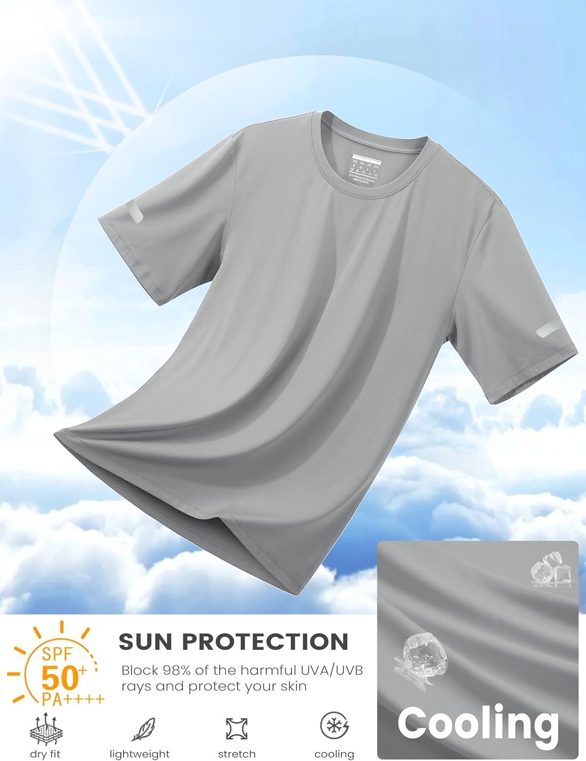 imageMAGCOMSEN Dry Fit Shirts for Men Sun Protection Athletic Short Sleeve Shirt Workout Gym Fishing Swim Rash GuardLightgrey