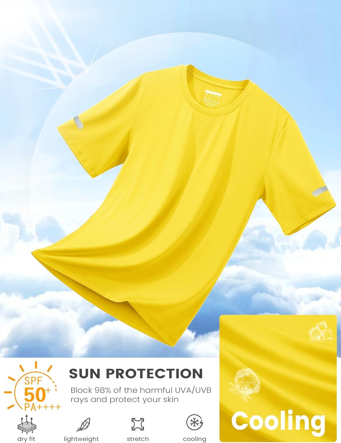 imageMAGCOMSEN Dry Fit Shirts for Men Sun Protection Athletic Short Sleeve Shirt Workout Gym Fishing Swim Rash GuardYellow