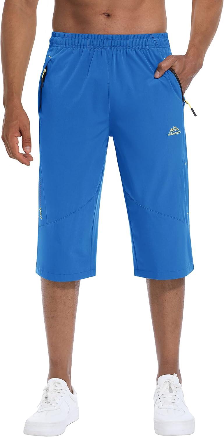 imageMAGCOMSEN Mens Capri Shorts Quick Dry Below Knee 34 Capri Pants with Zipper Pockets for Workout Running Training SummerBright Blue