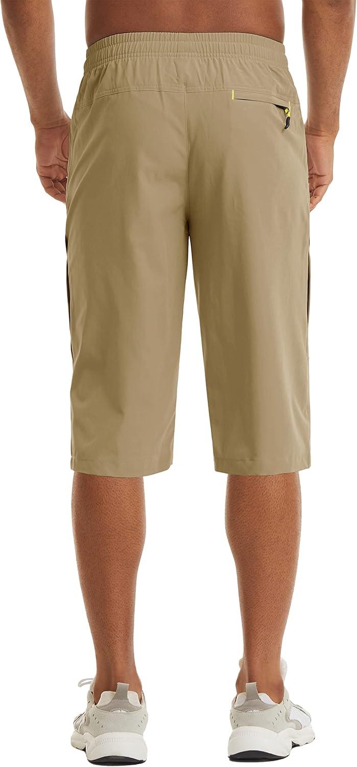 imageMAGCOMSEN Mens Capri Shorts Quick Dry Below Knee 34 Capri Pants with Zipper Pockets for Workout Running Training SummerKhaki