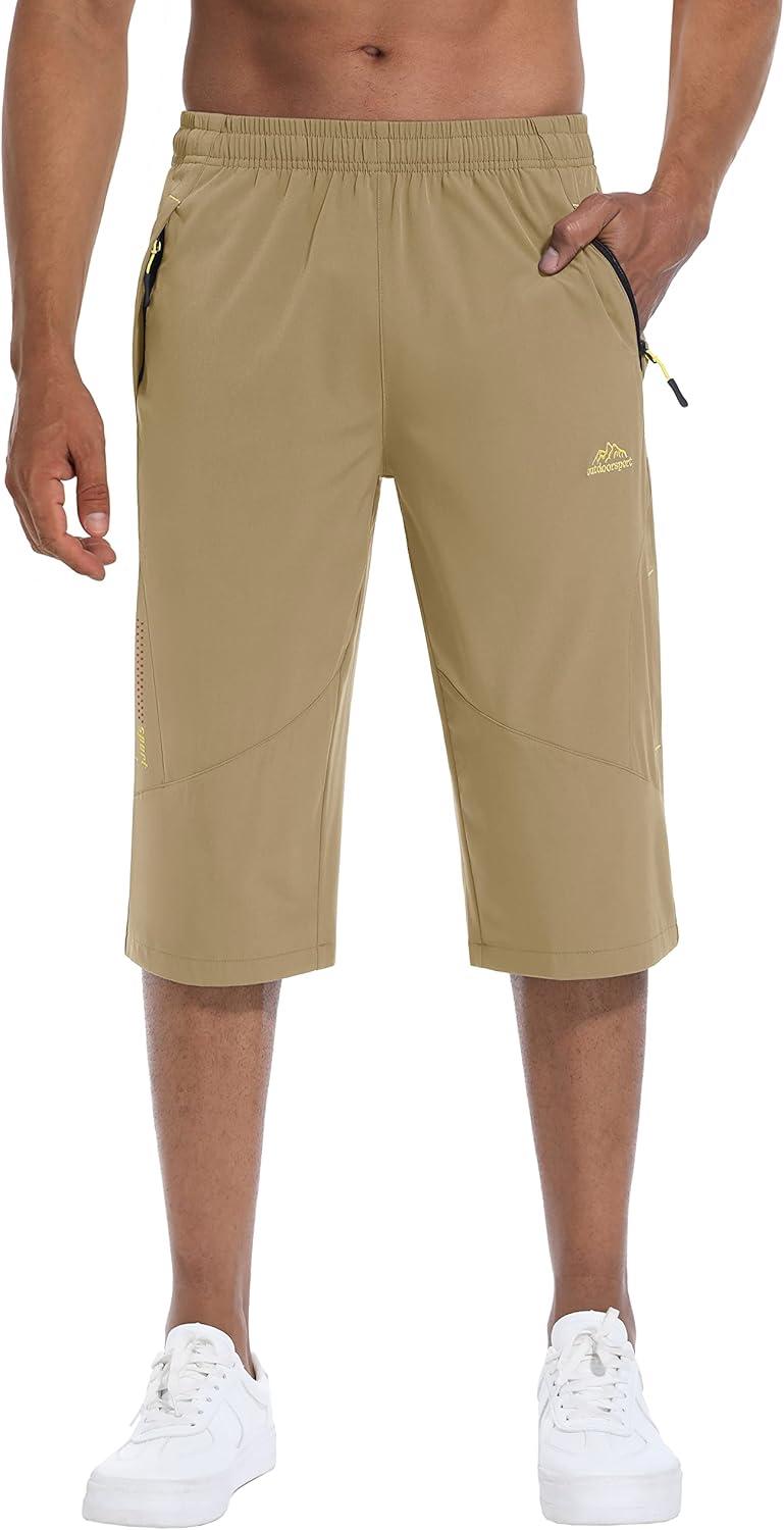 imageMAGCOMSEN Mens Capri Shorts Quick Dry Below Knee 34 Capri Pants with Zipper Pockets for Workout Running Training SummerKhaki