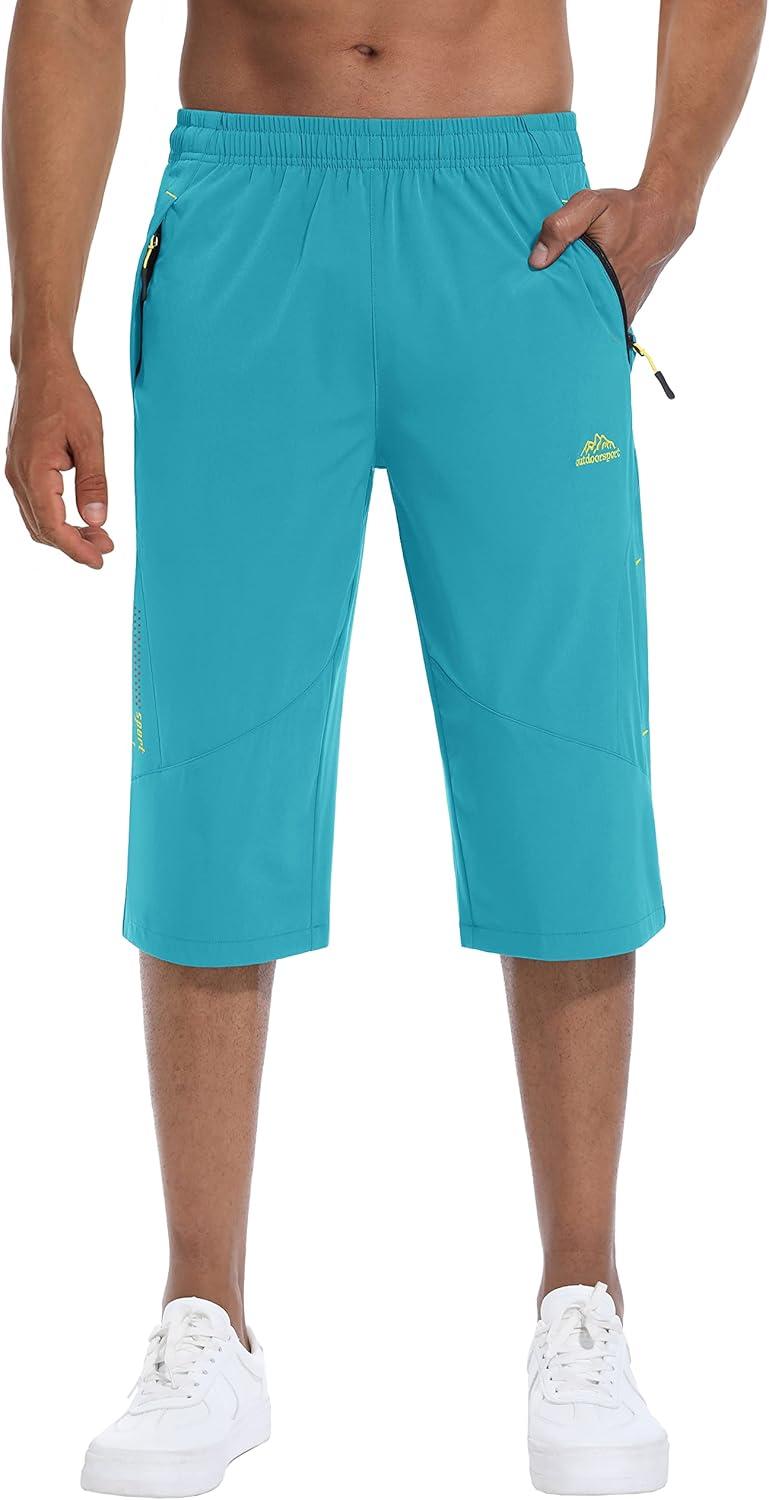 imageMAGCOMSEN Mens Capri Shorts Quick Dry Below Knee 34 Capri Pants with Zipper Pockets for Workout Running Training SummerLake Blue