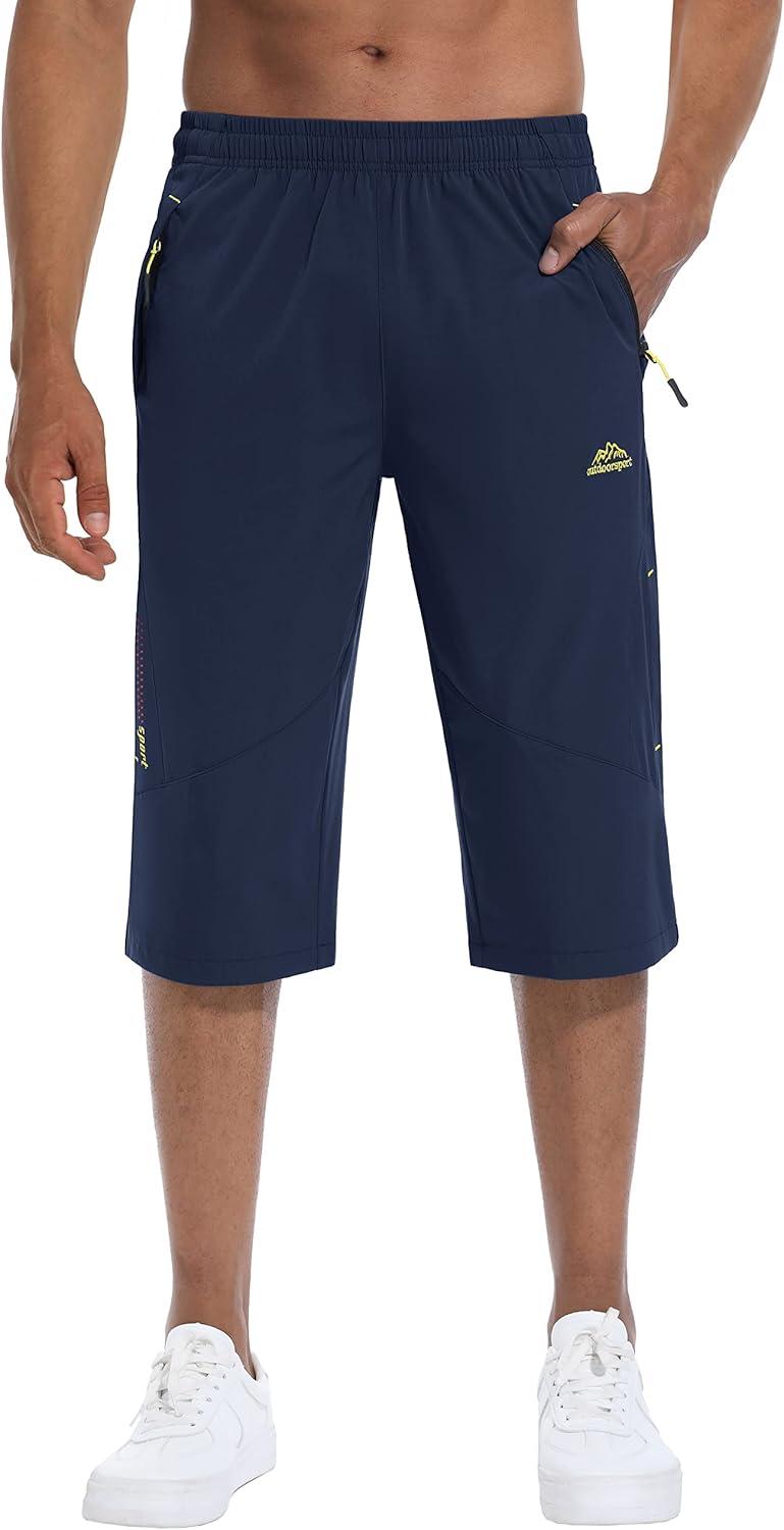 imageMAGCOMSEN Mens Capri Shorts Quick Dry Below Knee 34 Capri Pants with Zipper Pockets for Workout Running Training SummerNavy